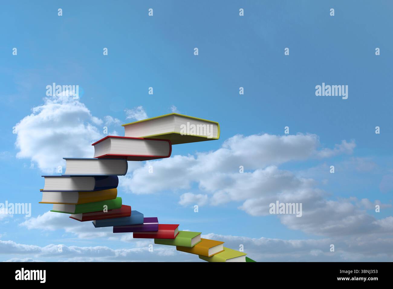I libri in copertina rigida formano una scala ascendente curva attraverso il cielo blu in un design piatto, spazio copia Foto Stock