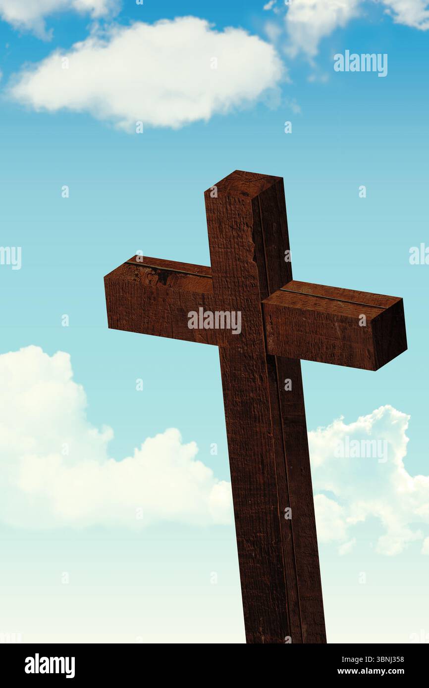 La croce latina in legno dal design piatto si erge su un cielo blu limpido con nuvole bianche sparse Foto Stock La croce latina in legno dal design piatto si erge su un cielo blu limpido con nuvole bianche sparse Foto Stock