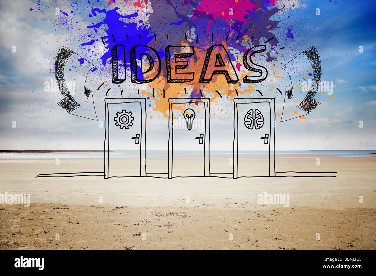 Le portiere Doodle rivestono il litorale con icone a forma di lampadina a ingranaggi e scritte spolveranti Foto Stock