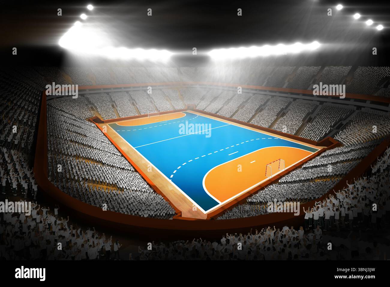 Il campo di pallamano blu arancione brilla sotto i riflettori in uno stadio dal design piatto, mentre i tifosi fanno il tifo Foto Stock