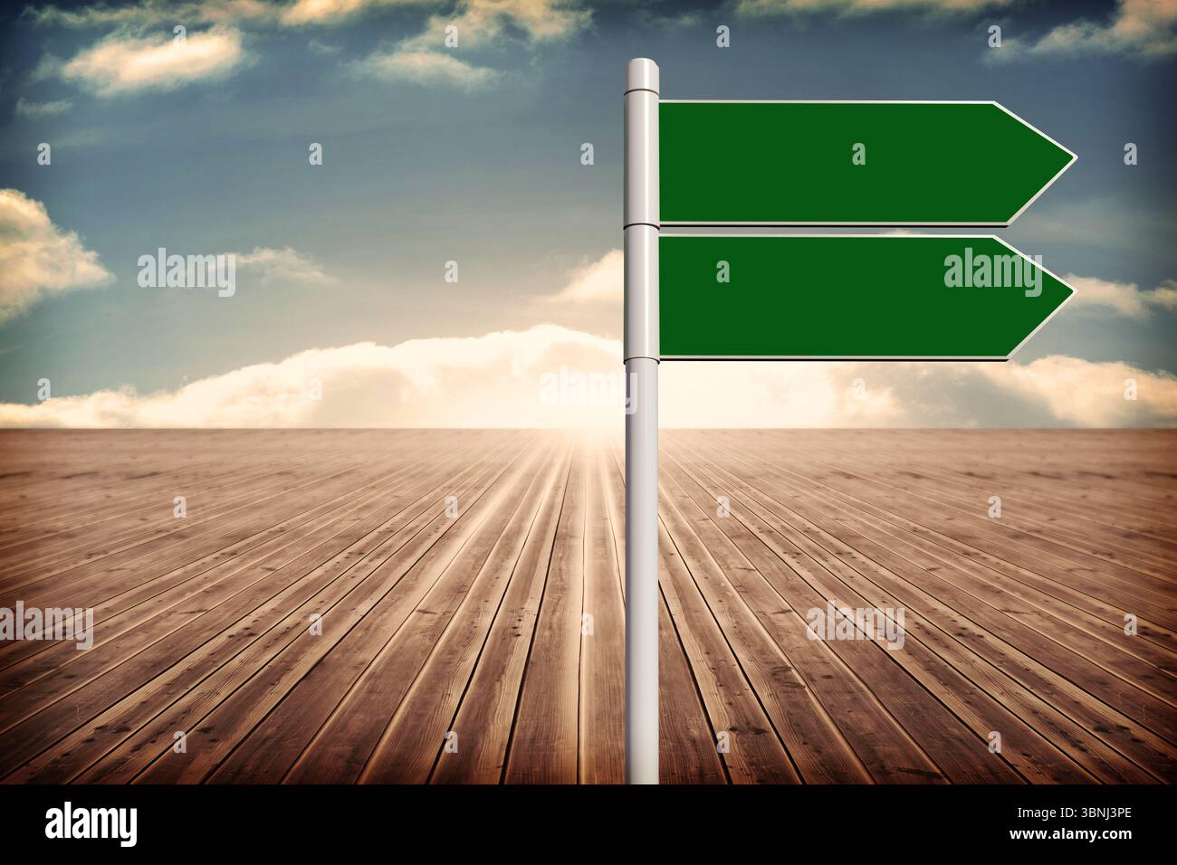 Mostra un cartello argentato dal design piatto rivolto a destra su un ampio ponte di legno sotto il cielo scintillante dell'alba Foto Stock