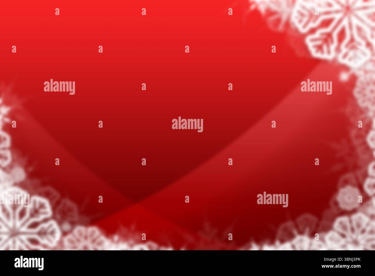 Il design piatto mostra uno sfondo sfumato rosso con forme curve e bordo fiocco di neve ghiacciato Foto Stock