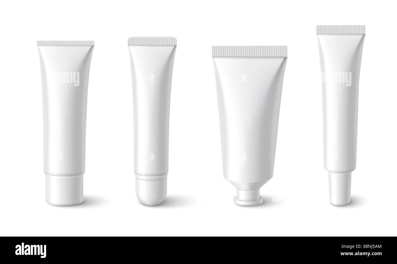 Raccolta di provette con crema alle labbra bianche in diverse misure e stili di tappi per modelli di confezionamento cosmetico. Contenitori in plastica per design professionali di prodotti di bellezza - balsamo, lucida e idratante. Illustrazione Vettoriale