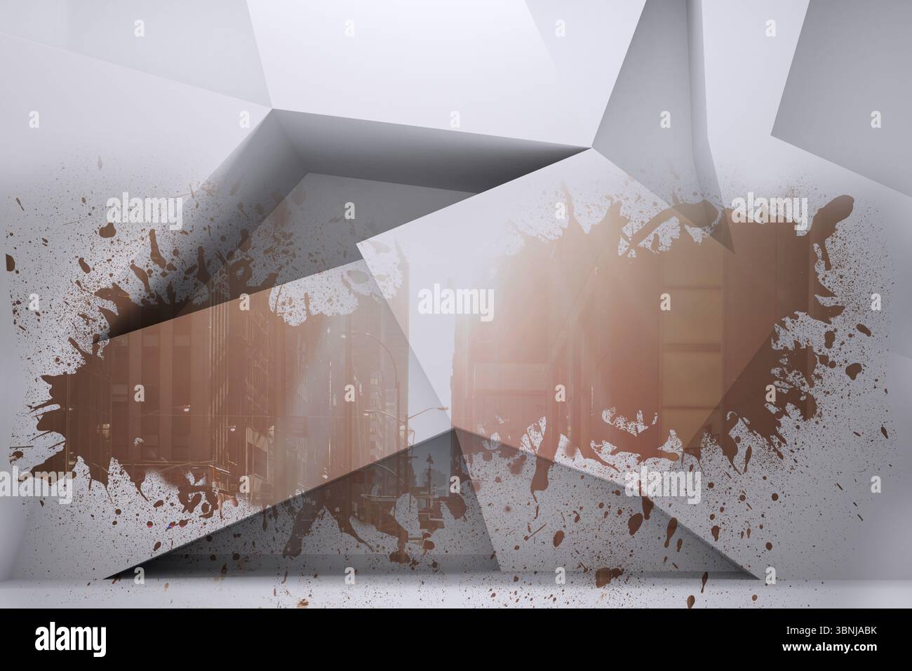 Rendering 3D che mostra l'attraversamento di piani bianchi che formano una stella che si estende striscio marrone che rivela le luci della città Foto Stock