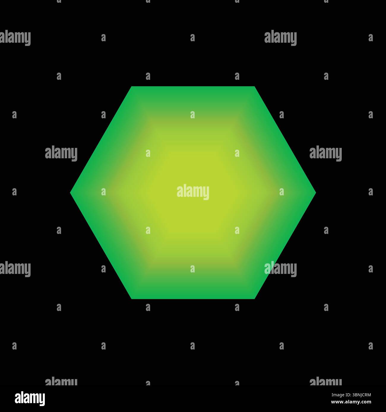 Un'illustrazione digitale minimalista di un esagono luminoso con una sfumatura da giallo-verde a verde scuro che crea un effetto luminoso su un nero scuro Illustrazione Vettoriale