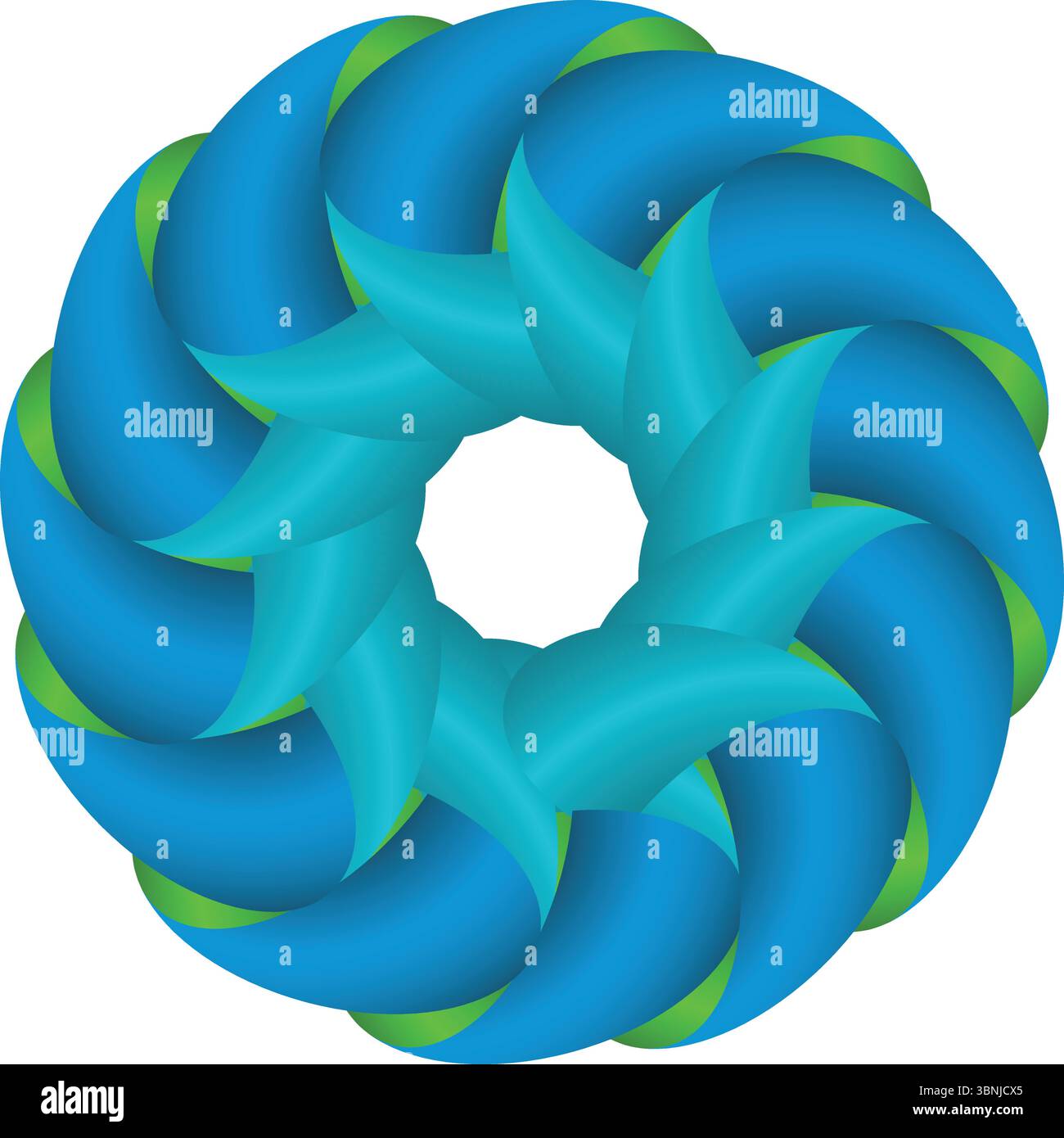 Un accattivante design geometrico 3D caratterizzato da un intricato motivo a spirale con sfumature blu e verdi su sfondo bianco. Illustrazione Vettoriale