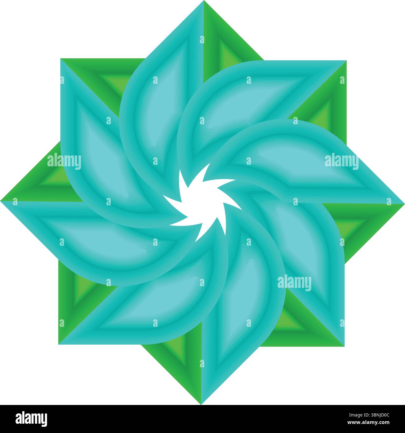 Un accattivante design geometrico caratterizzato da un motivo a spirale con audaci petali color ottanio e accenti verdi su sfondo bianco. Illustrazione Vettoriale