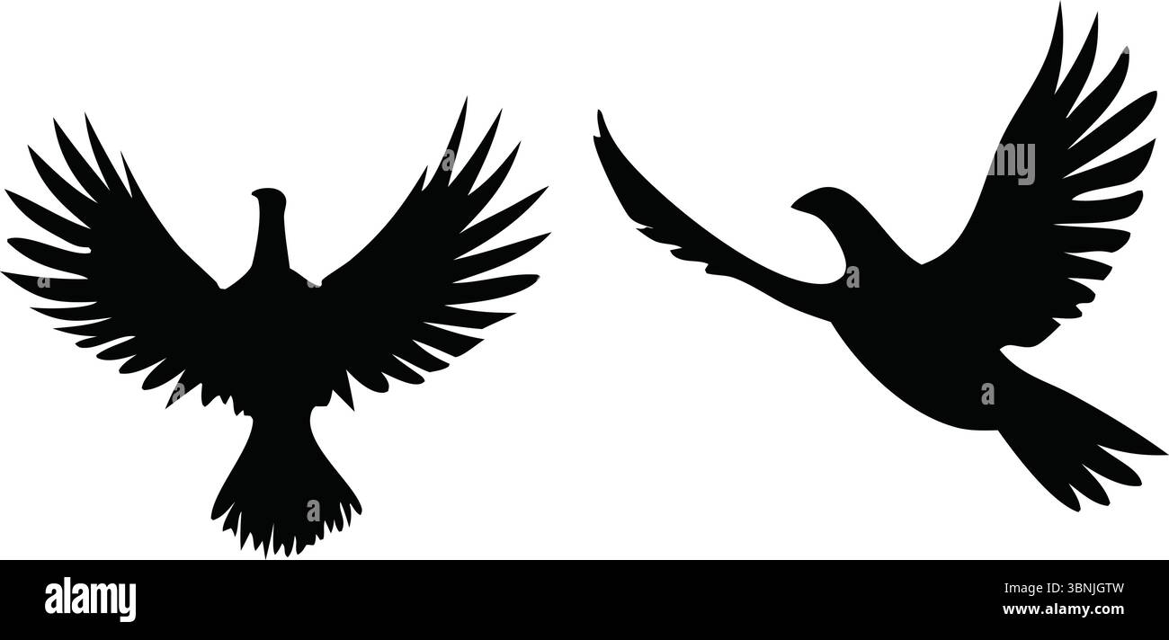 Nine Flying Bird silhouette Vector, Black Flock Clipart, Isolated Animal Nature Wildlife Illustration, Spread Wings, Simple Outline, Group Designs Illustrazione Vettoriale