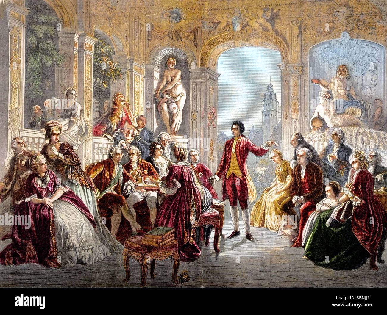 Scrittore e poeta tedesco Johann Wolfgang von Goethe alla corte del margravio Carlo Federico di Baden - 1775 incisione dopo Federico Pecht - Foto Stock