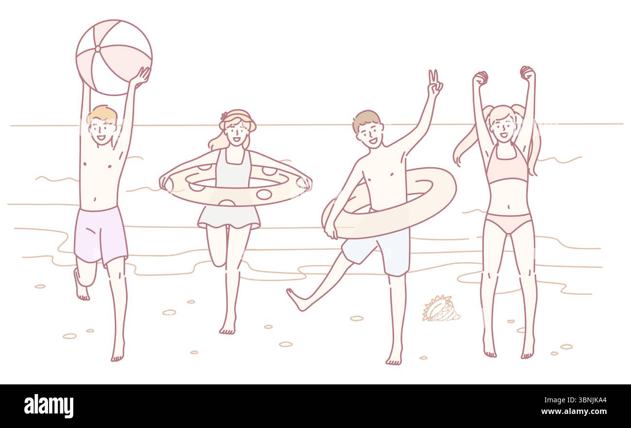 Un vivace gruppo di amici si diverte allegramente a divertirsi in spiaggia, creando ricordi duraturi Illustrazione Vettoriale