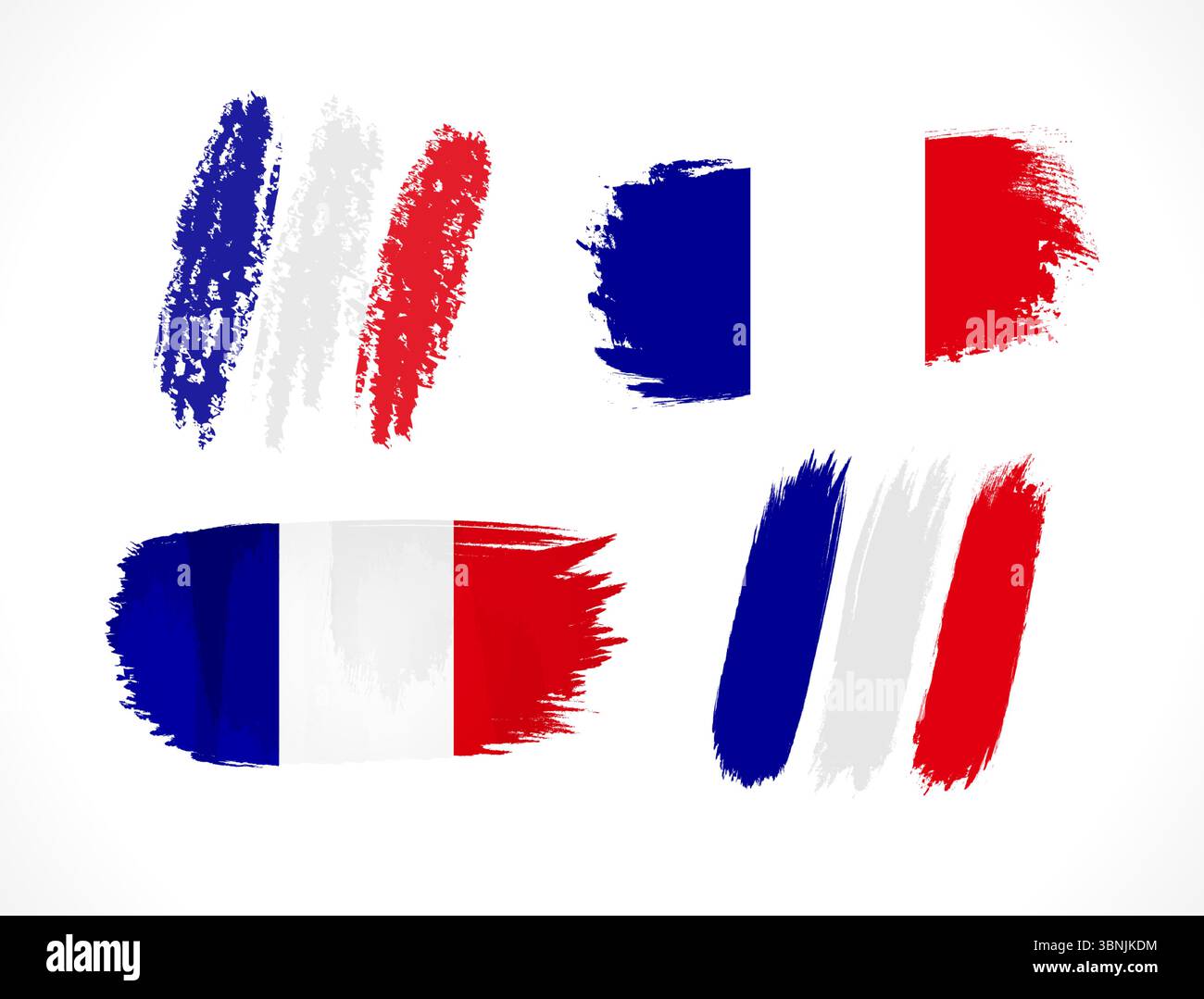 Set di tre bandiere colorate in stile pennello. Bandiera artistica creativa della Francia. Immagine disegnata a mano. Elementi isolati. Evento di vacanza, design di viaggio Illustrazione Vettoriale