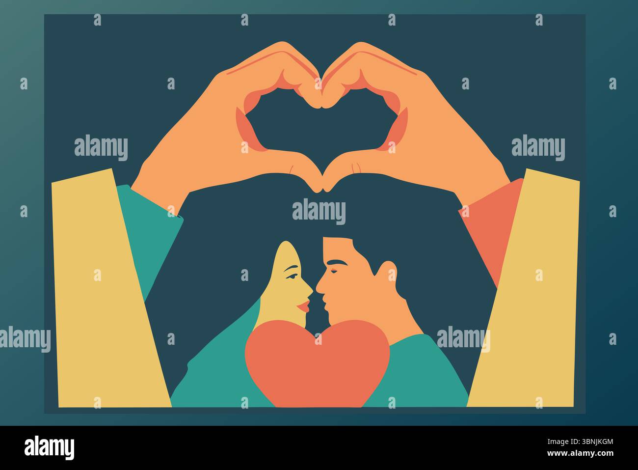 Le mani adulte creano uno spazio protettivo a forma di cuore intorno a una coppia più piccola che tiene un cuore, simboleggiando l'amore dei genitori, la salvaguardia e la conn intima Foto Stock