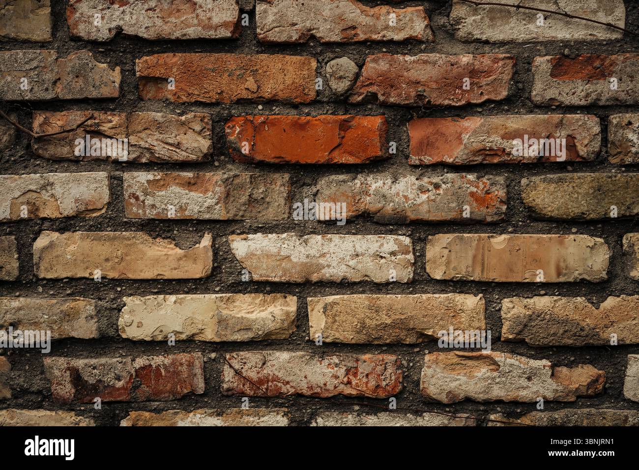 Primo piano di una parete rustica in mattoni che mostra toni terrosi e texture naturali. La superficie invecchiata presenta varie sfumature di marrone e rosso, fornendo una W Foto Stock