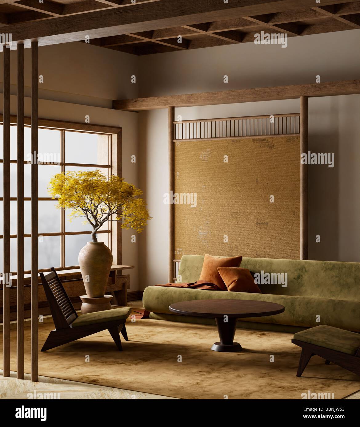 Camera moderna con tonalità terrose, posti a sedere bassi e vasi in ceramica. Un albero in vaso e decorazioni di ispirazione giapponese creano un'atmosfera tranquilla, elegante e minimalista Foto Stock