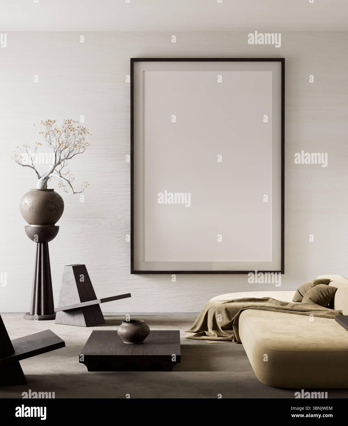 Un moderno soggiorno minimalista caratterizzato da toni neutri, un albero scultoreo di bonsai e mobili di basso profilo per un'estetica serena ed elegante. Illo 3D. Foto Stock