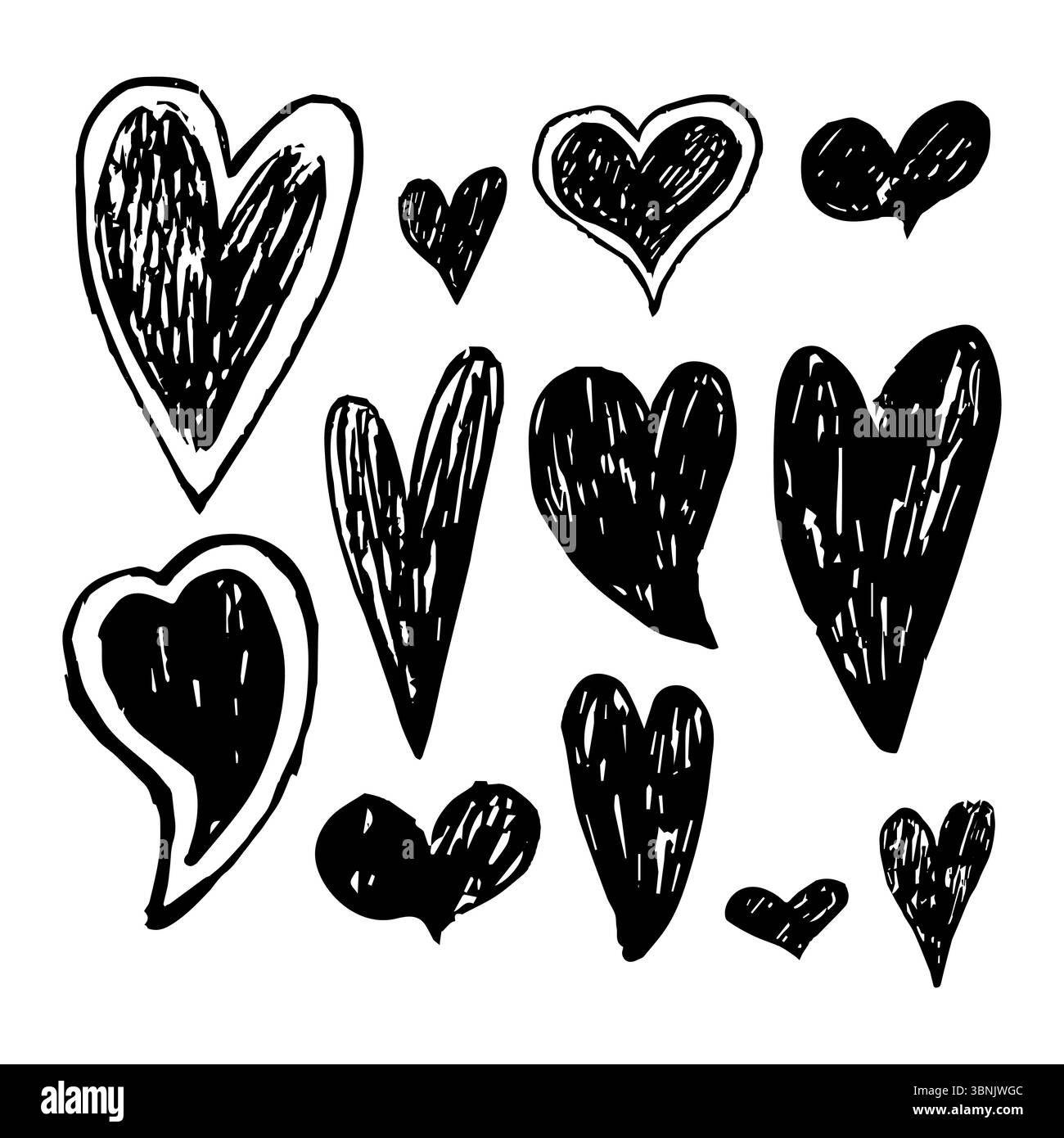 Set di cuori disegnati a mano su stile matita Illustrazione Vettoriale