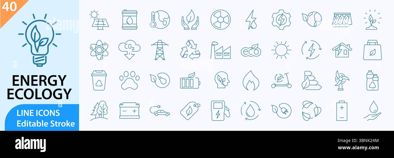 Set di icone energia verde. Icone della linea Ecologia energetica. Raccolta di icone di energia, ecologia ed elettricità verde. Illustrazione vettoriale. Tratto modificabile. Illustrazione Vettoriale