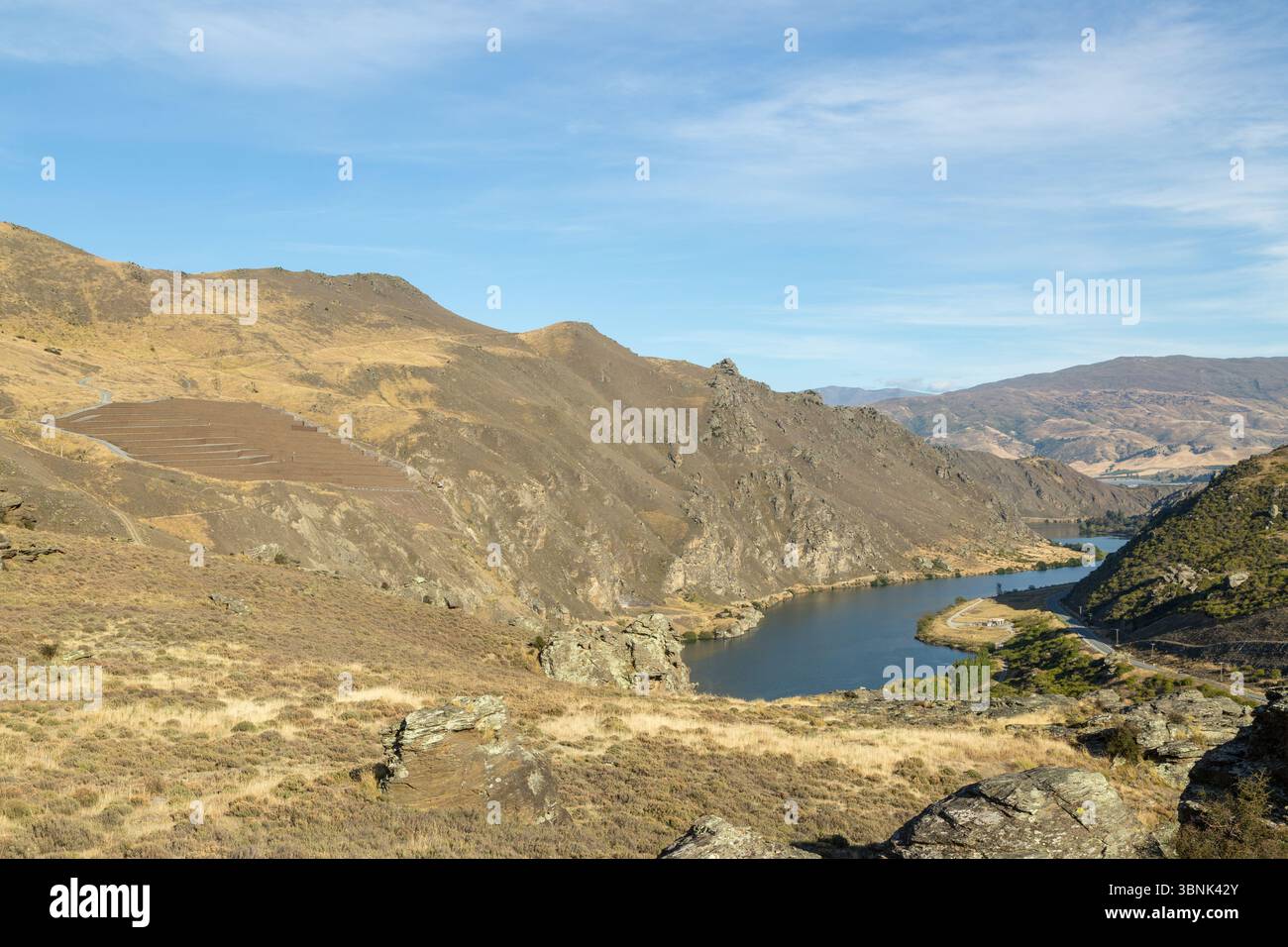 Guardando lungo il fiume Clutha verso Cromwell, Otago, South Island, nuova Zelanda Foto Stock