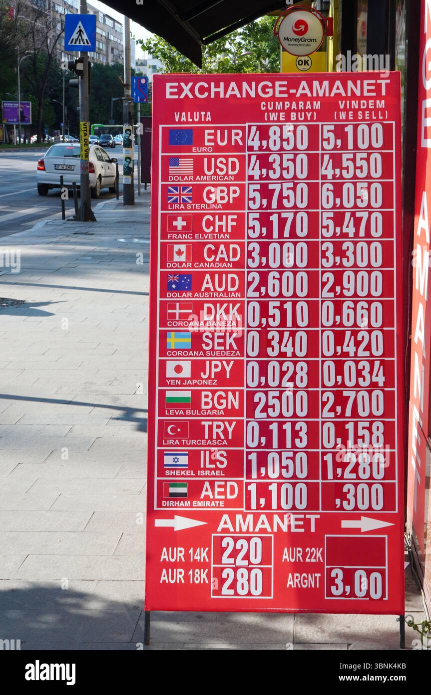 Bucarest, Romania - 8 giugno 2025: Tassi di cambio del giorno dalle valute internazionali al RON rumeno visualizzati a bordo Foto Stock