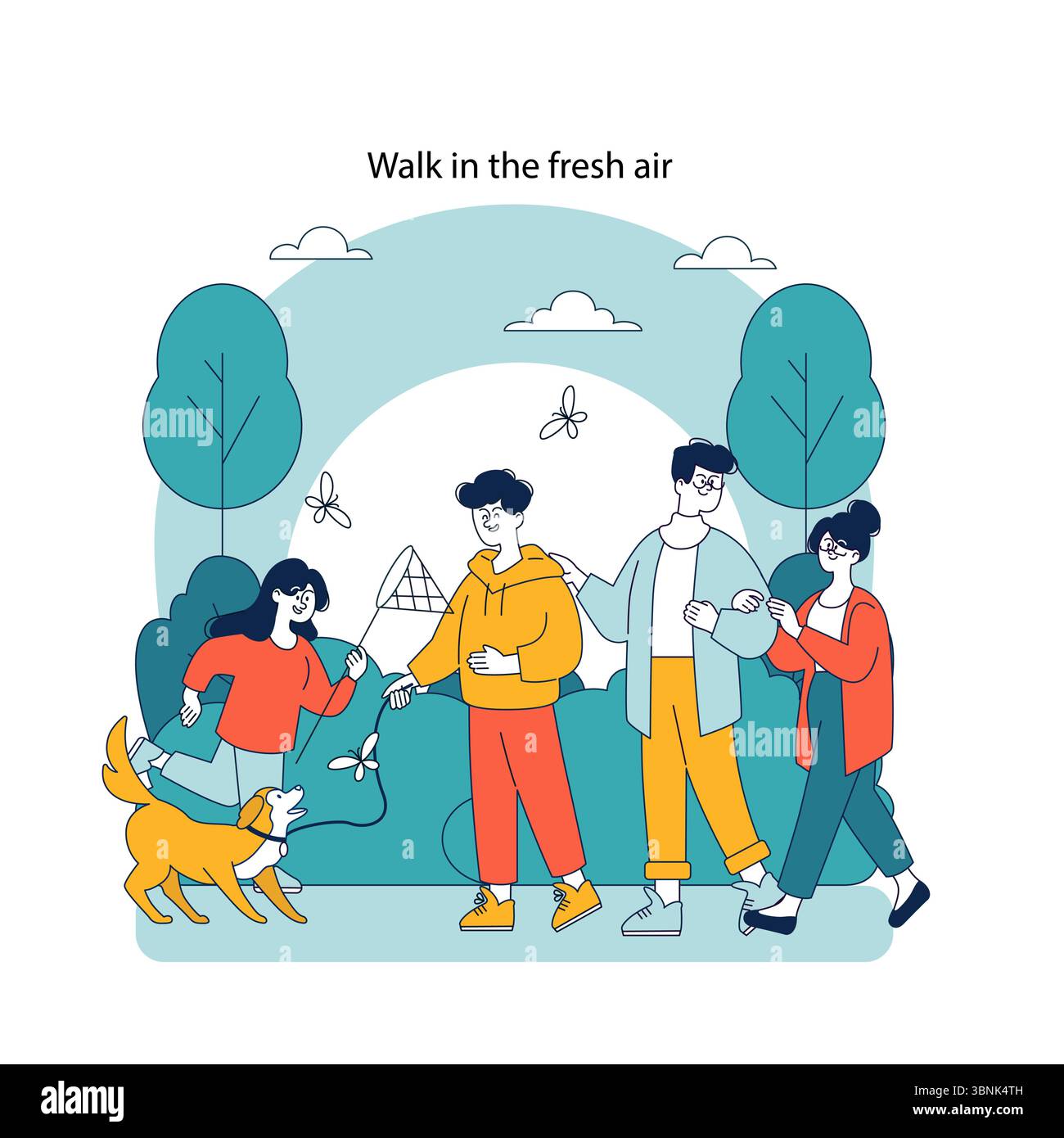 La famiglia si gode una piacevole passeggiata con il proprio cane in un parco stilizzato, che mostra soddisfazione e solidarietà. Illustrazione vettoriale. Illustrazione Vettoriale