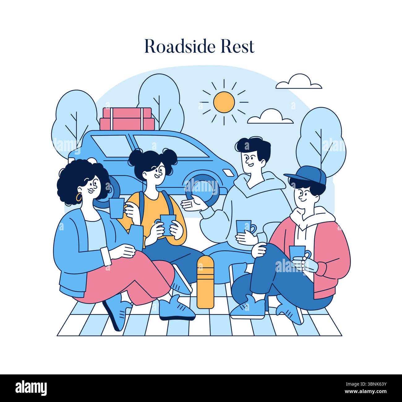 Concetto di riposo su strada. Gruppo di amici che si godono una pausa picnic durante un viaggio su strada. Seduti, chiacchierando e bevendo accanto alla loro auto sotto il cielo soleggiato. Illustrazione Vettoriale