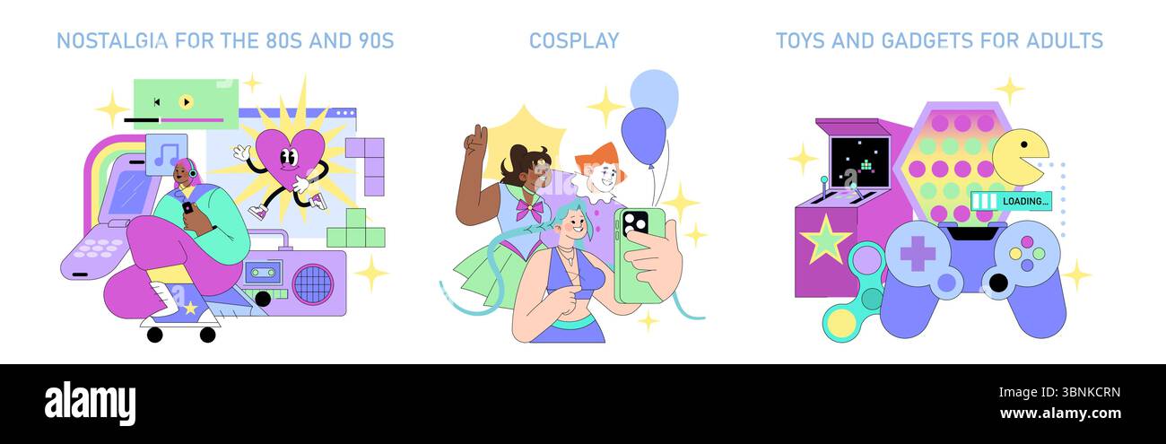 Divertenti illustrazioni vettoriali che catturano elementi nostalgici degli anni '80 e '90, vivaci costumi cosplay e moderni gadget per adulti, evocando divertimento e cr Illustrazione Vettoriale