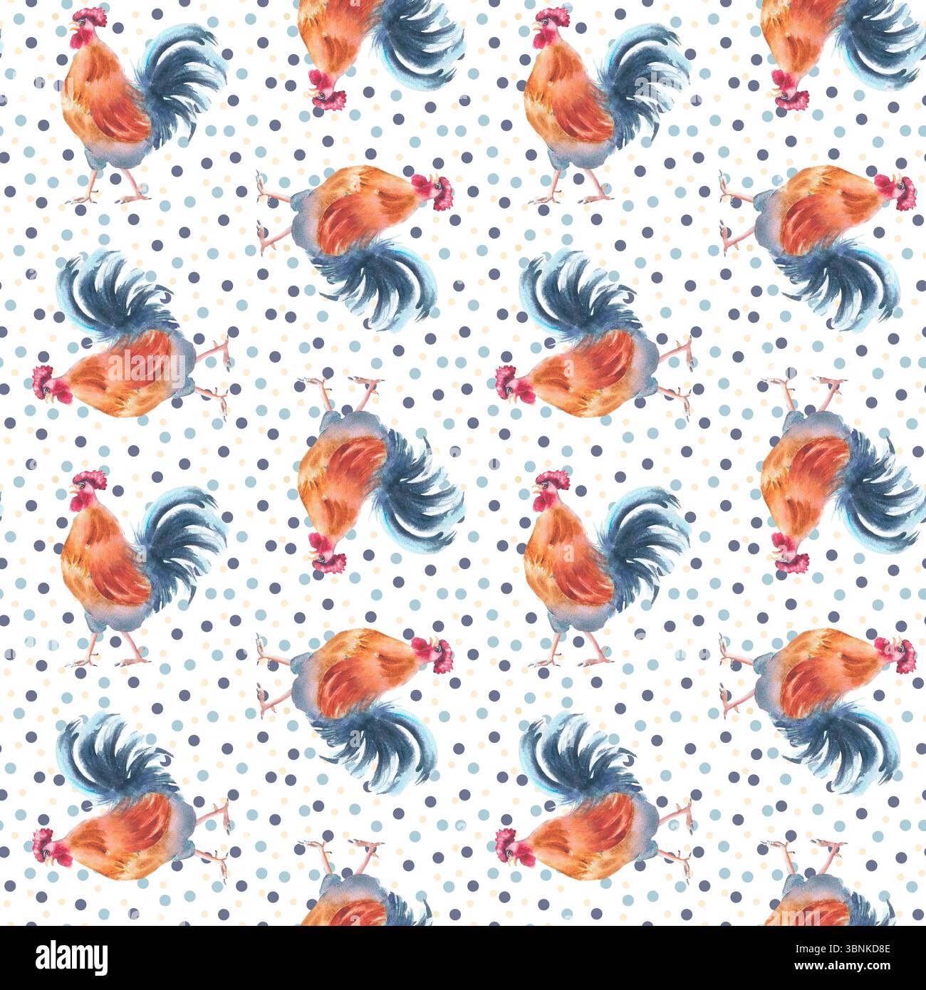 Motivi folcloristici scandinavi senza cuciture con galli acquerelli e polka blu-gialli isolati. Stile country con uccelli e puntini per un rustico moderno Foto Stock