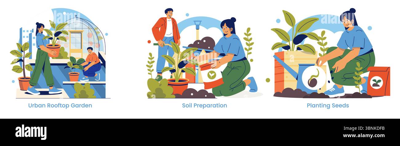 Illustrazione vettoriale che mostra le attività di giardinaggio urbano sul tetto. Gli individui sono impegnati nella preparazione del terreno e nella piantagione di semi in vasi. La scena mette in evidenza la vita sostenibile della città e il giardinaggio. Illustrazione Vettoriale