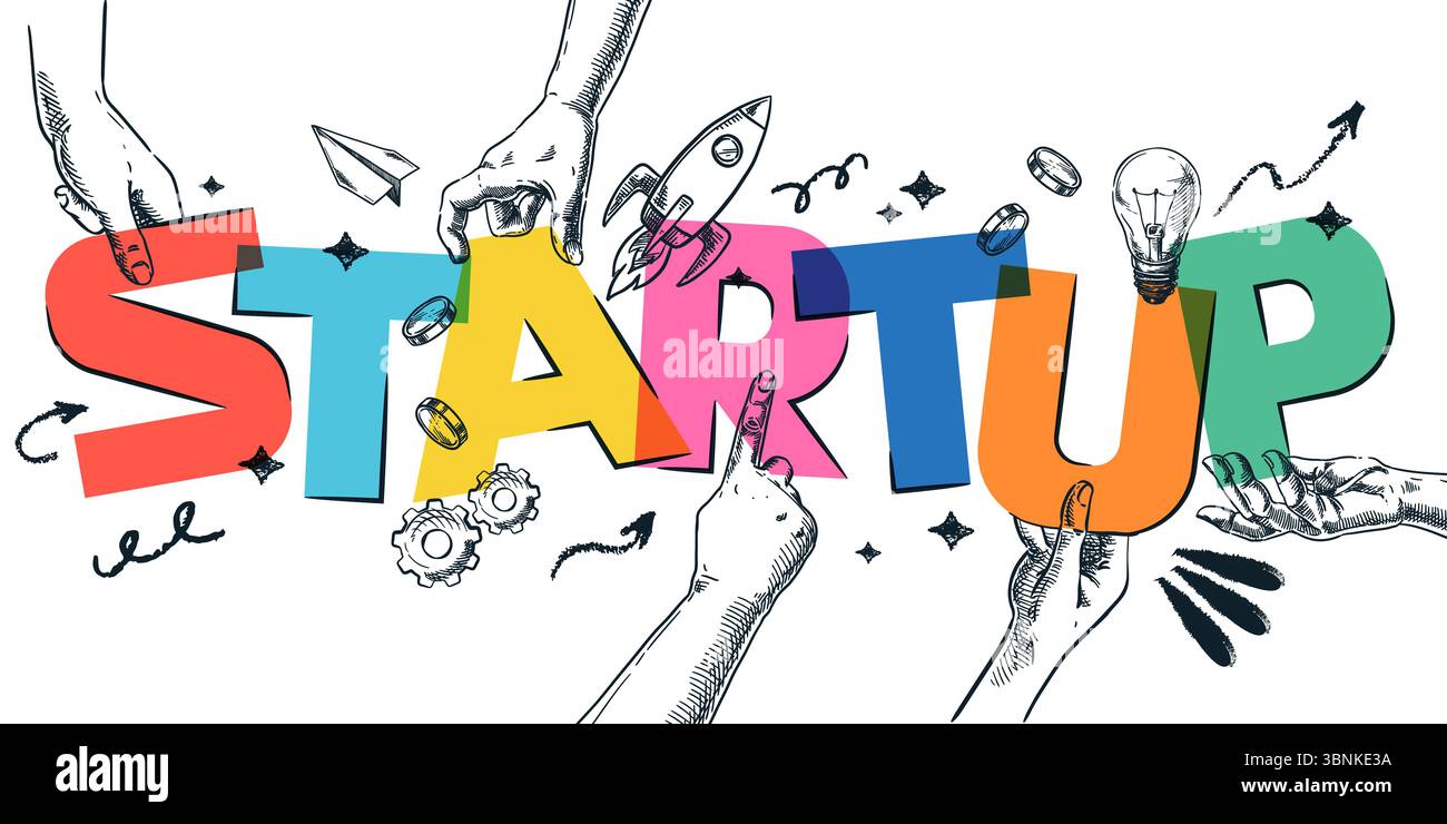Lettere vibranti, che formano parole startup in mani umane. Illustrazione del collage dello schizzo disegnato a mano vettoriale. Concetto di lavoro di squadra, avvio aziendale, lancio Illustrazione Vettoriale