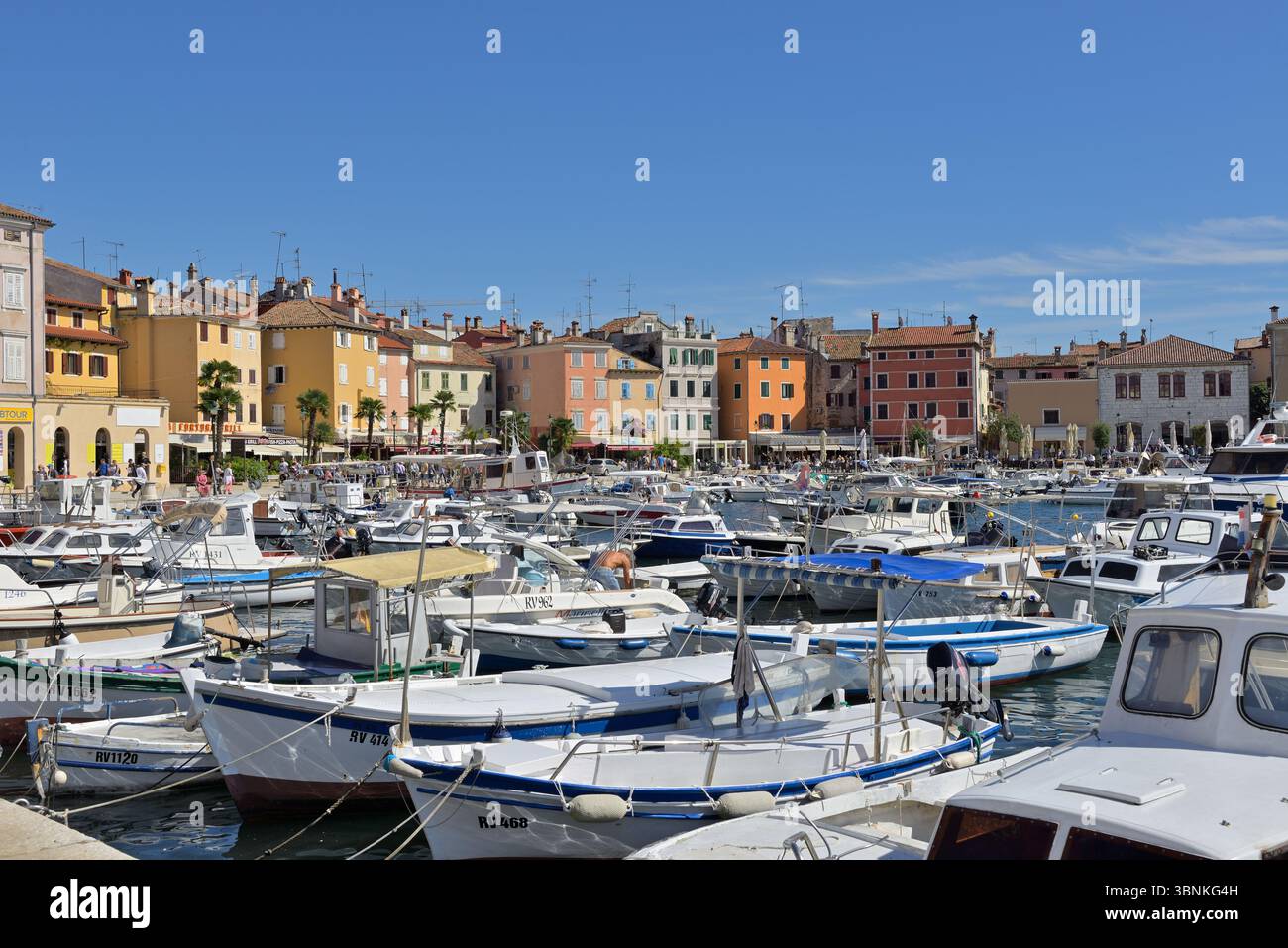 Rovigno, Croazia - 17 settembre 2017 - Marina con navi di fronte alla città vecchia di Rovigno in Croazia. Foto Stock