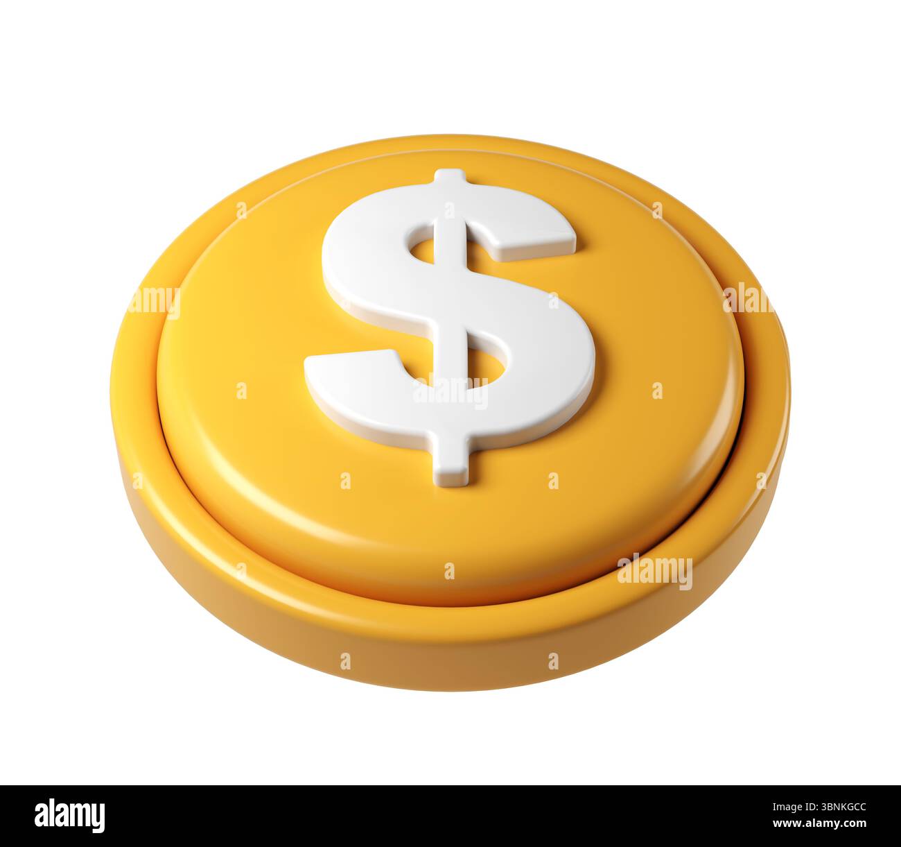 icona di rendering 3d di una grande moneta finanziaria dorata che mostra un simbolo del dollaro bianco, isolata su sfondo bianco Foto Stock