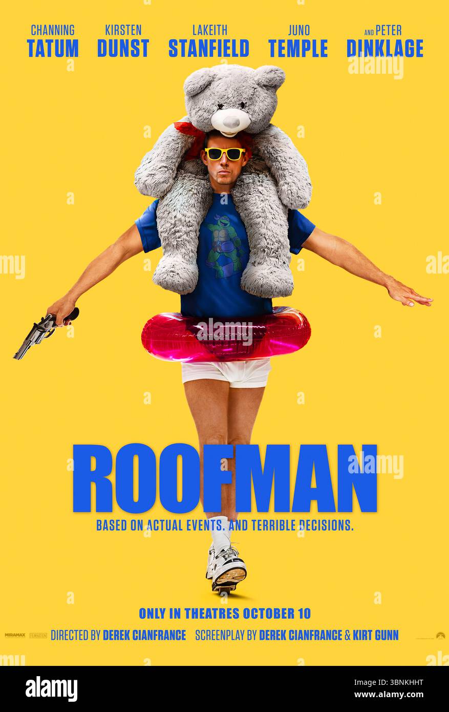 Roofman (2025) diretto da Derek Cianfrance e interpretato da Channing Tatum, Kirsten Dunst e Lakeith Stanfield. Basato su eventi reali, un ex Army Ranger diventa un noto criminale noto come "Roofman" rapinando i ristoranti fast food attraverso i loro tetti, mentre vive una doppia vita e si innamora di una mamma single. USA SOLO PER USO EDITORIALE DI un foglio di poster. Credito: Immagini BFA/Paramount Foto Stock