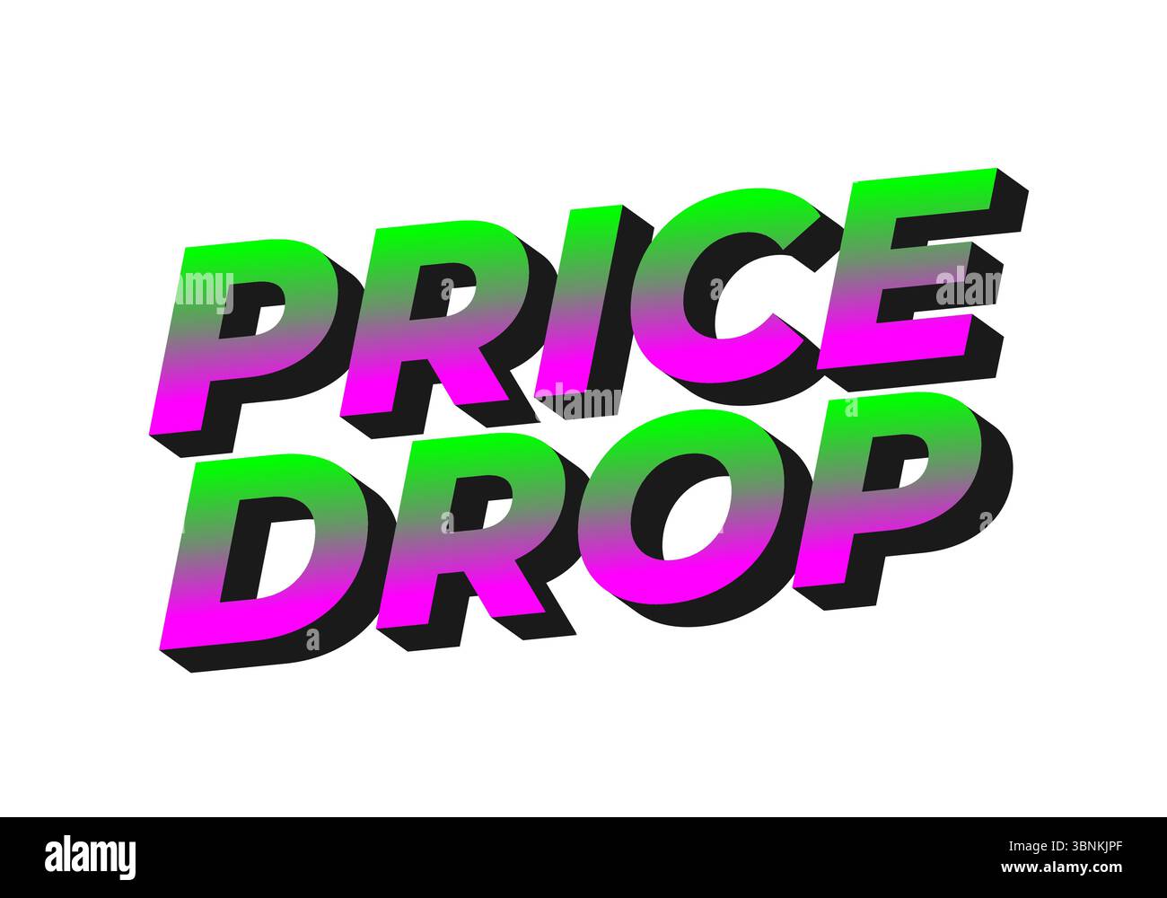 Grafica testuale audace e colorata con le parole CALO DI PREZZO in una brillante sfumatura di rosa e verde con effetto 3D. Illustrazione Vettoriale