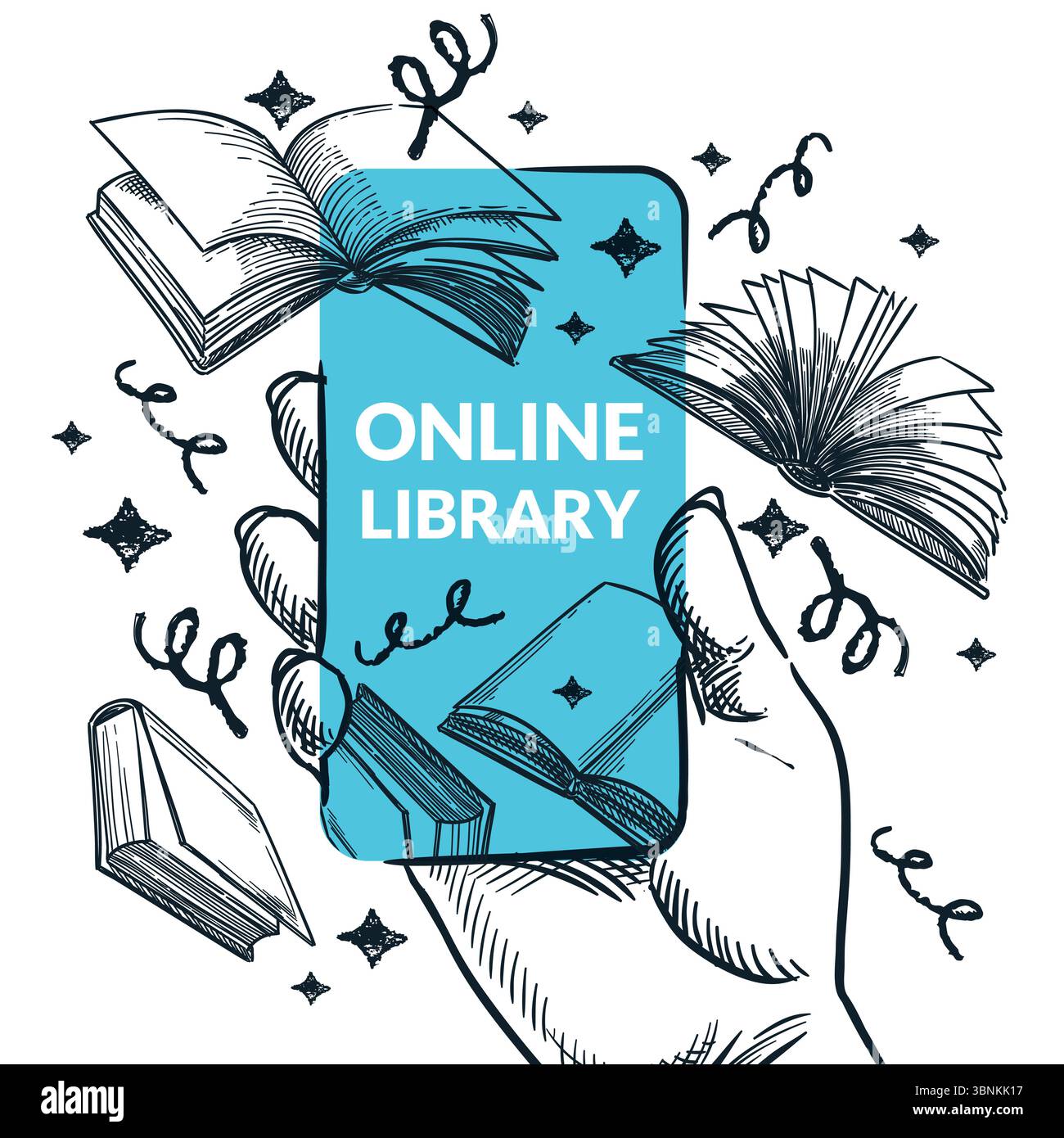 Libreria online, concetto di app per eBook. Mano con lo smartphone circondato da libri. Illustrazione del collage dello schizzo disegnato a mano vettoriale. E-learning, lettura, istruzione Illustrazione Vettoriale