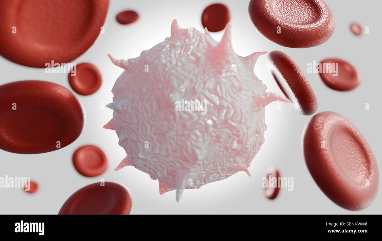 Una rappresentazione 3D che illustra una condizione patologica all'interno del flusso sanguigno, caratterizzata da globuli bianchi anormali o cancerosi o leucemia Foto Stock