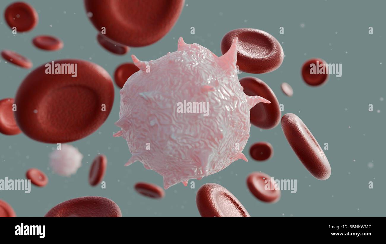 Una rappresentazione 3D che illustra una condizione patologica all'interno del flusso sanguigno, caratterizzata da globuli bianchi anormali o cancerosi o leucemia Foto Stock