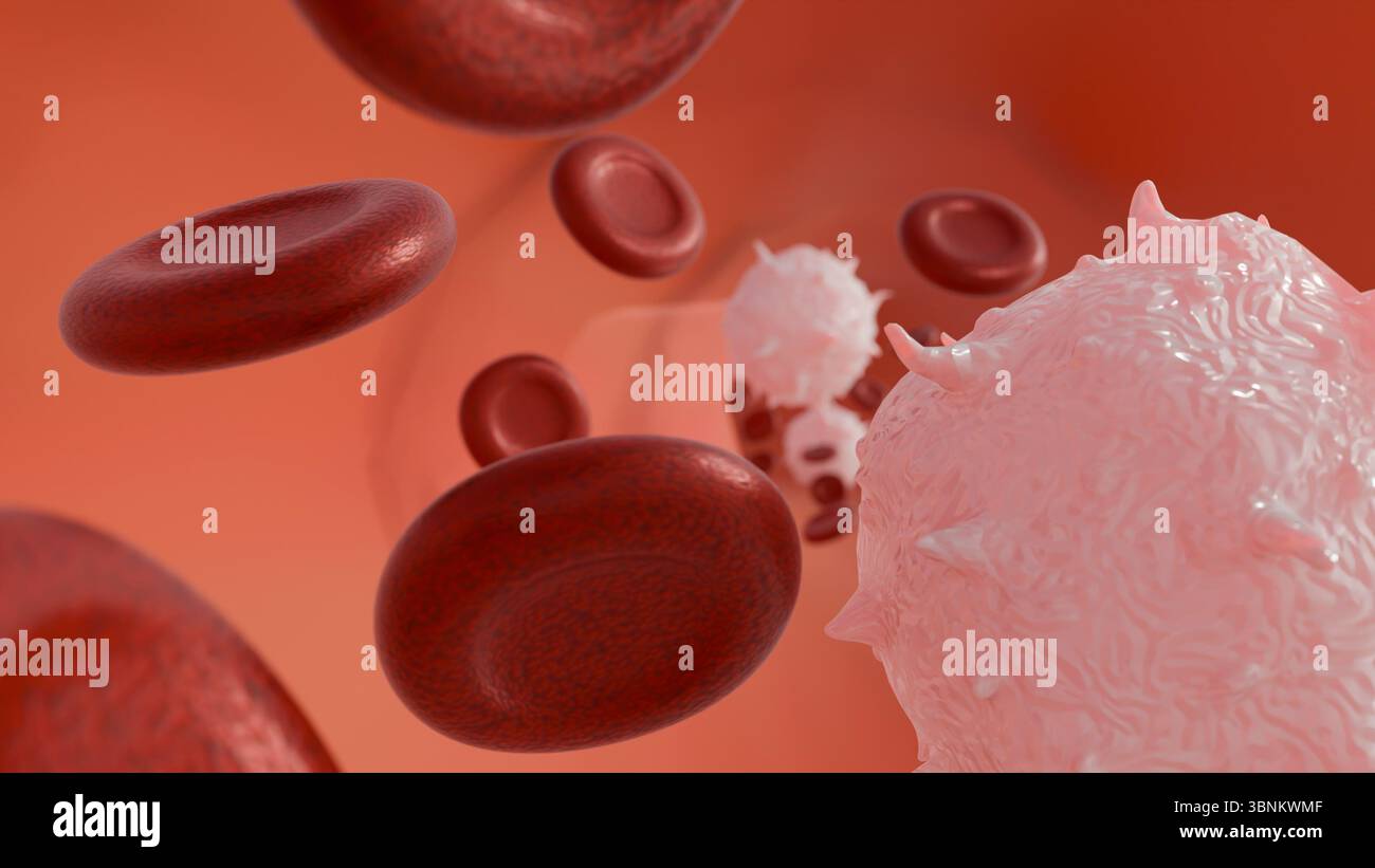 Una rappresentazione 3D che illustra una condizione patologica all'interno del flusso sanguigno, caratterizzata da globuli bianchi anormali o cancerosi o leucemia Foto Stock