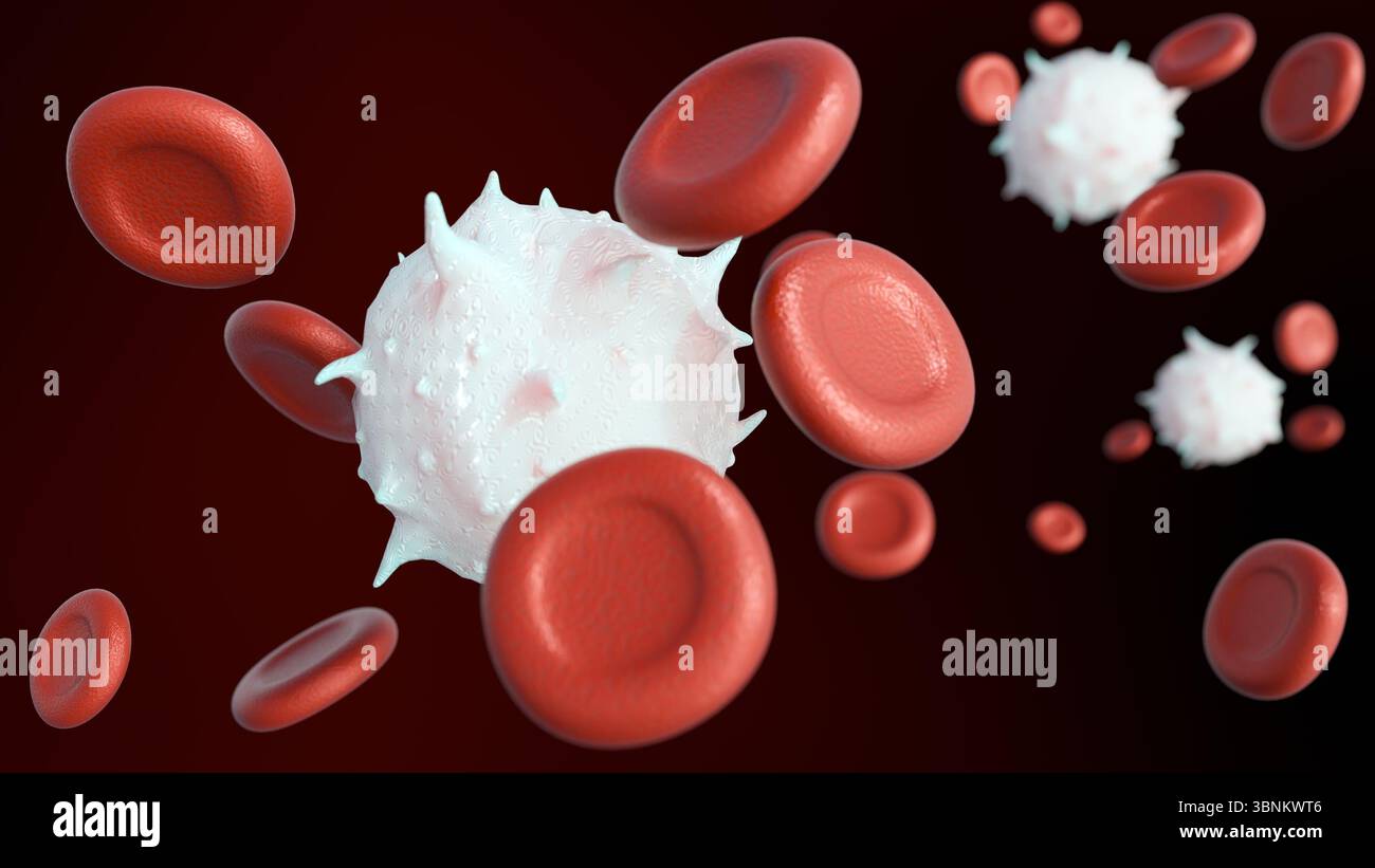 Una rappresentazione 3D che illustra una condizione patologica all'interno del flusso sanguigno, caratterizzata da globuli bianchi anormali o cancerosi o leucemia Foto Stock