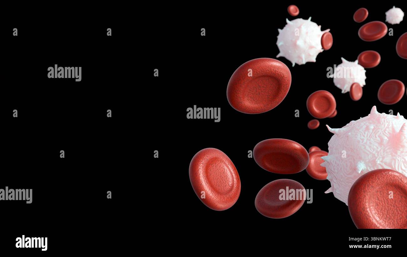Una rappresentazione 3D che illustra una condizione patologica all'interno del flusso sanguigno, caratterizzata da globuli bianchi anormali o cancerosi o leucemia Foto Stock