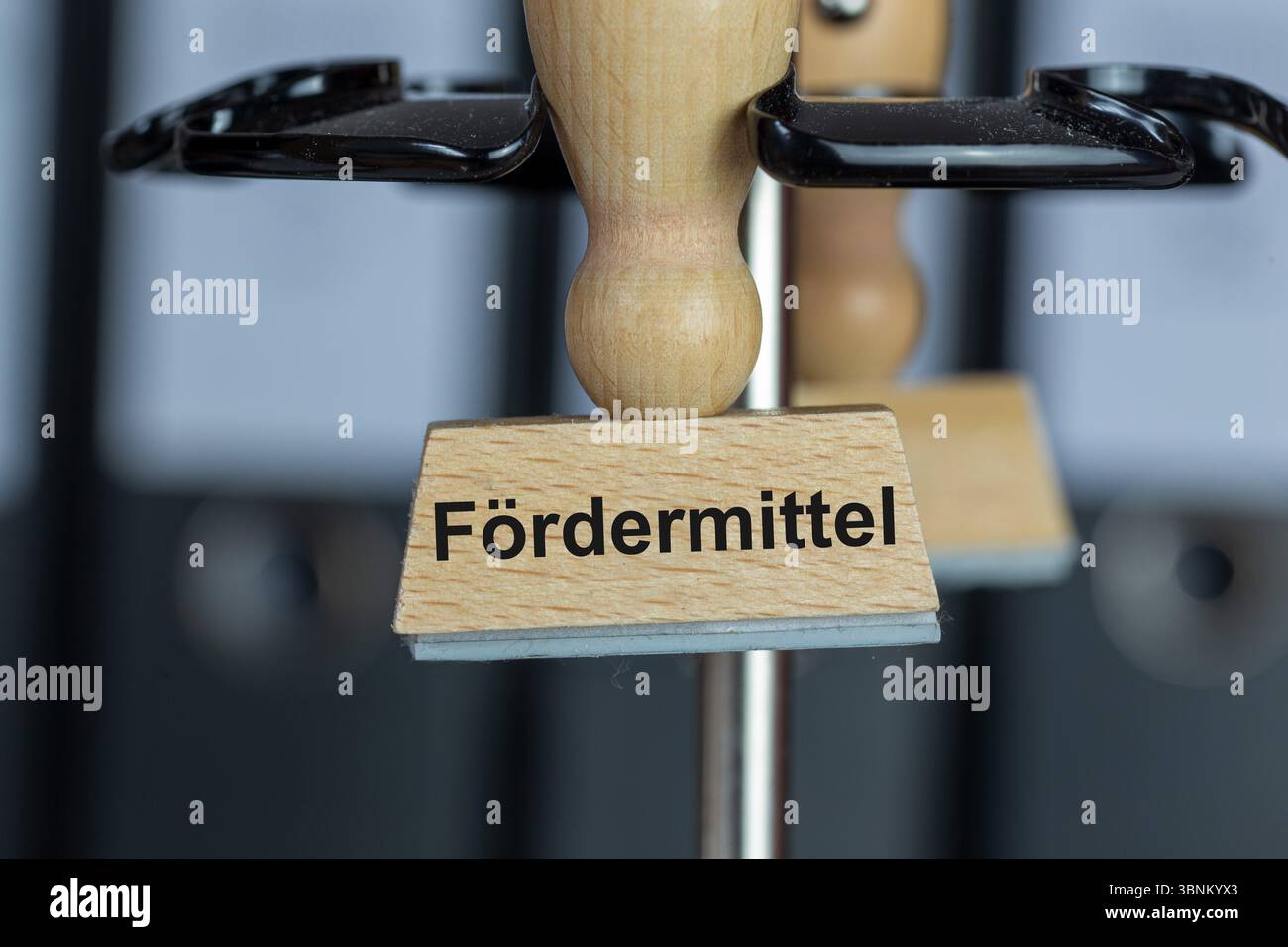 Timbro con testo aggiunto FÖRDERMITTEL su una scrivania Foto Stock