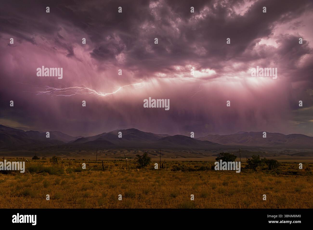 Un fulmine raggiunge il cielo durante un monsone estivo sopra la Valle di Owens. Foto Stock