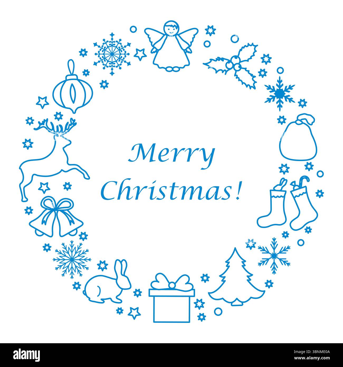Design della corona di Natale con icone natalizie e buon Natale! testo in blu come vettore di sfondo Illustrazione Vettoriale