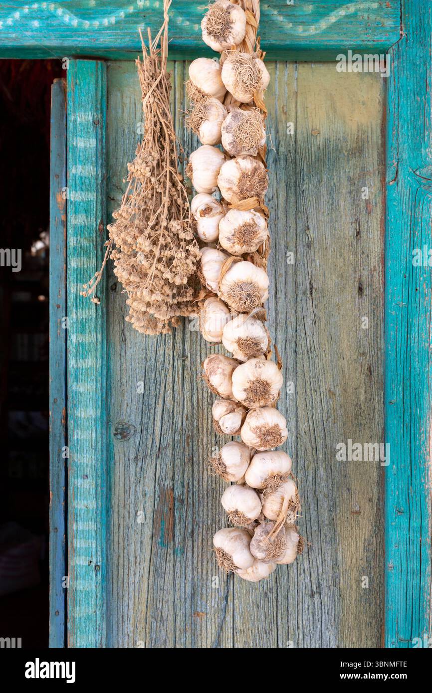 Bulbi d'aglio intrecciati in una treccia, appesa Foto Stock
