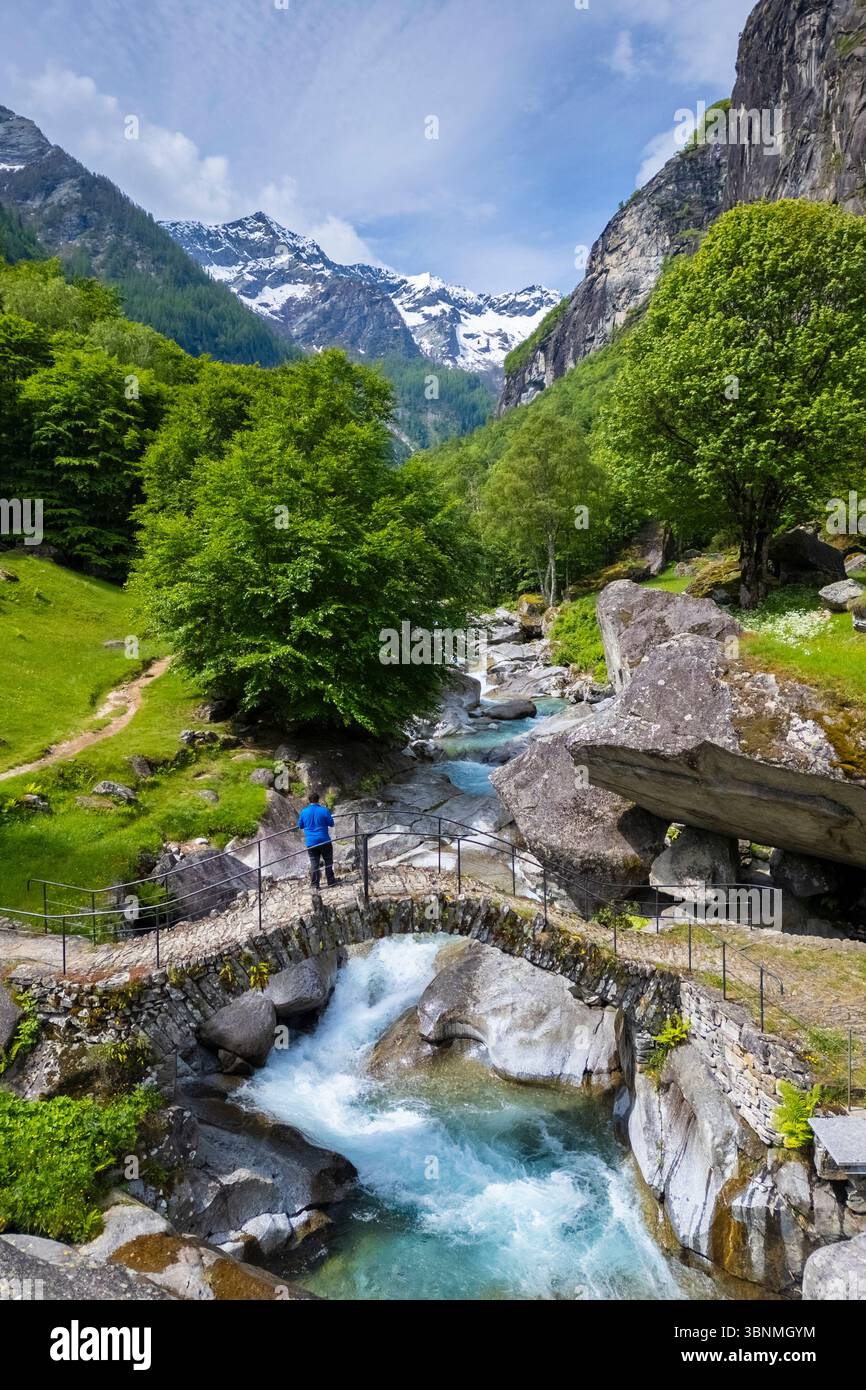 Veduta aerea dell'alpeggio di Puntid. Calnegia, Foroglio, Cevio, Val Bavona, Valle Maggia, Cantone Ticino, Svizzera. Foto Stock