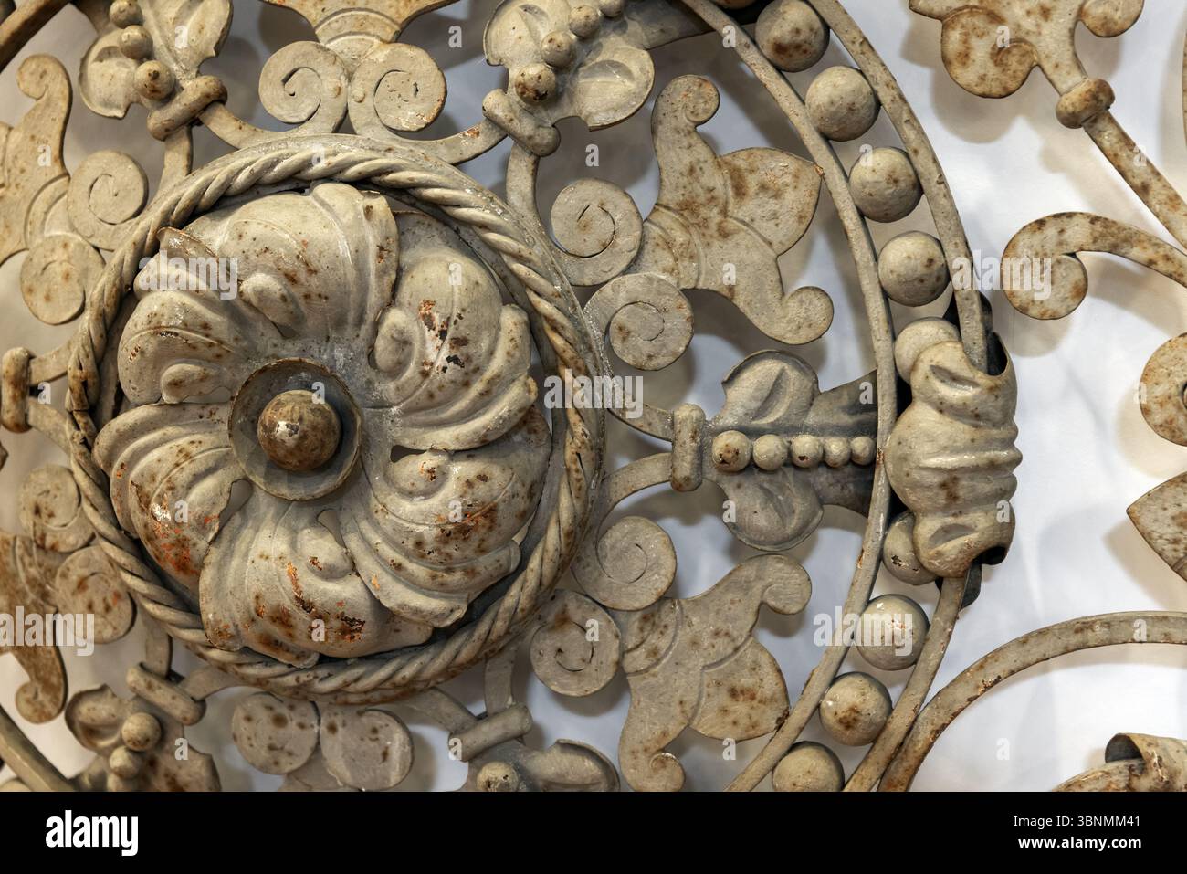 Antico design in ferro che mette in mostra dettagli intricati e motivi floreali, mostrando maestria artigianale e decorazioni artistiche. Il design ornamentale suona Foto Stock