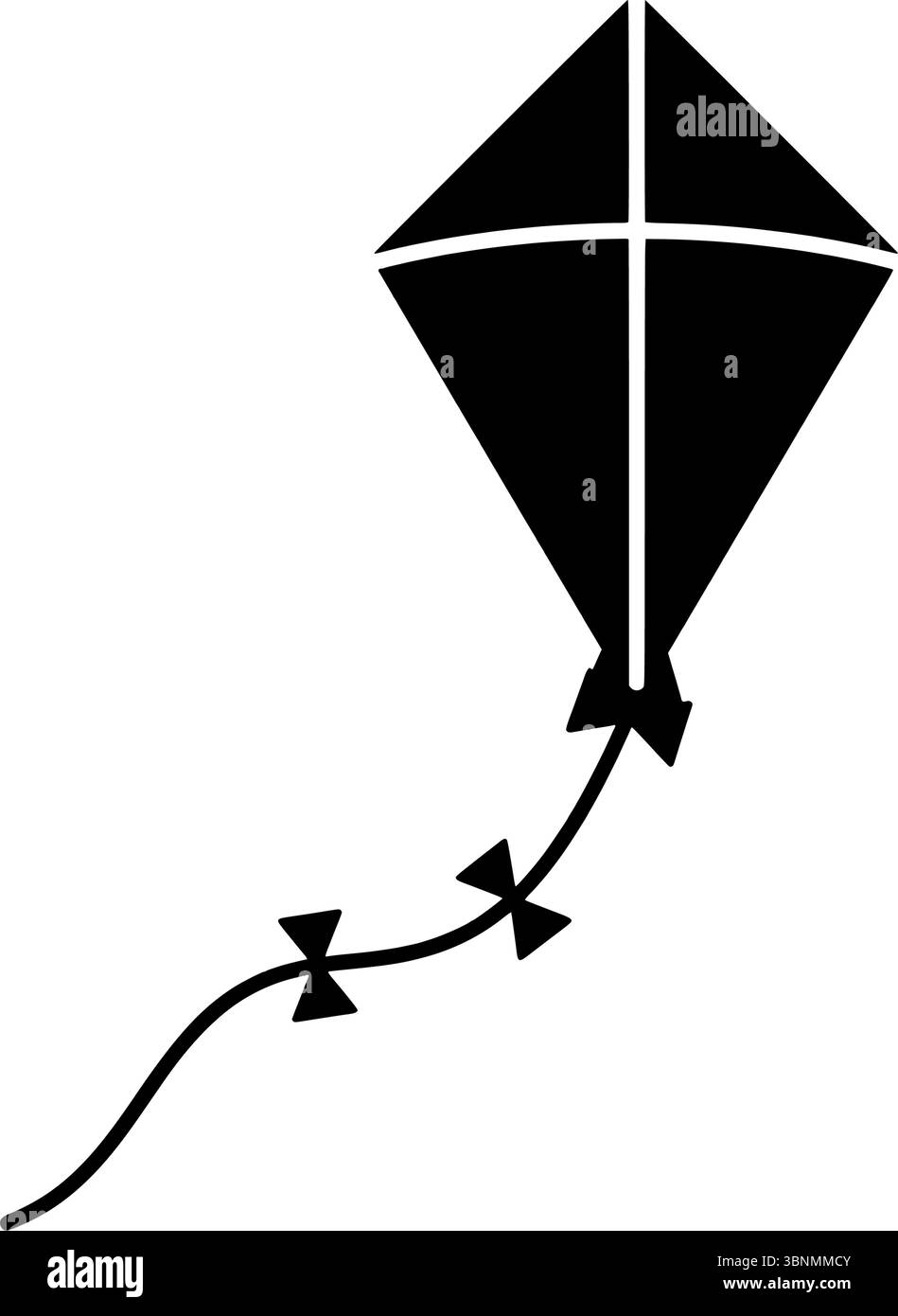 Illustrazione vettoriale piatta di un aquilone volante con coda di prua, icona minimale in bianco e nero che simboleggia l'infanzia, la libertà, il vento e il gioco Illustrazione Vettoriale