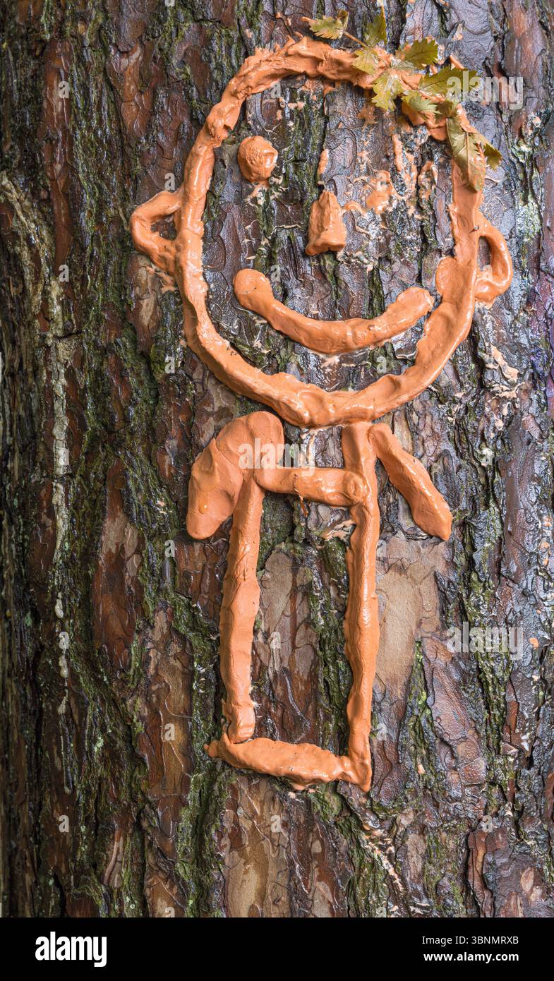 Buffo bastone di una persona in piedi su un tronco di albero Foto Stock