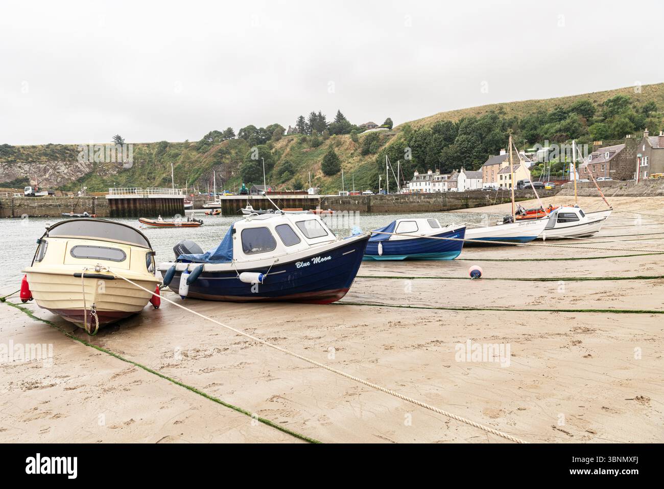 Barche sulla costa di Stonehaven - Cowie Harbour, Aberdeenshire, Scozia Foto Stock