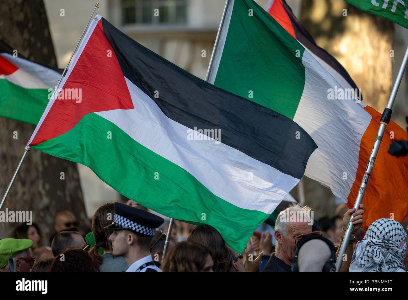 Whitehall, Londra, Regno Unito. Mercoledì 2 luglio 2025. I manifestanti si sono riuniti di fronte a Downing Street nel centro di Londra per mostrare solidarietà con il gruppo di azione diretta Palestine Action, a seguito di un voto parlamentare per proscrivere il gruppo come organizzazione terroristica. La mozione, presentata dal Segretario di Stato per gli interni Yvette Cooper, passò per 385 voti contro 26. Attivisti e parlamentari si sono rivolti alla folla, esprimendo una forte opposizione alla mossa e avvertendo delle sue implicazioni per il diritto di protesta. Foto Stock
