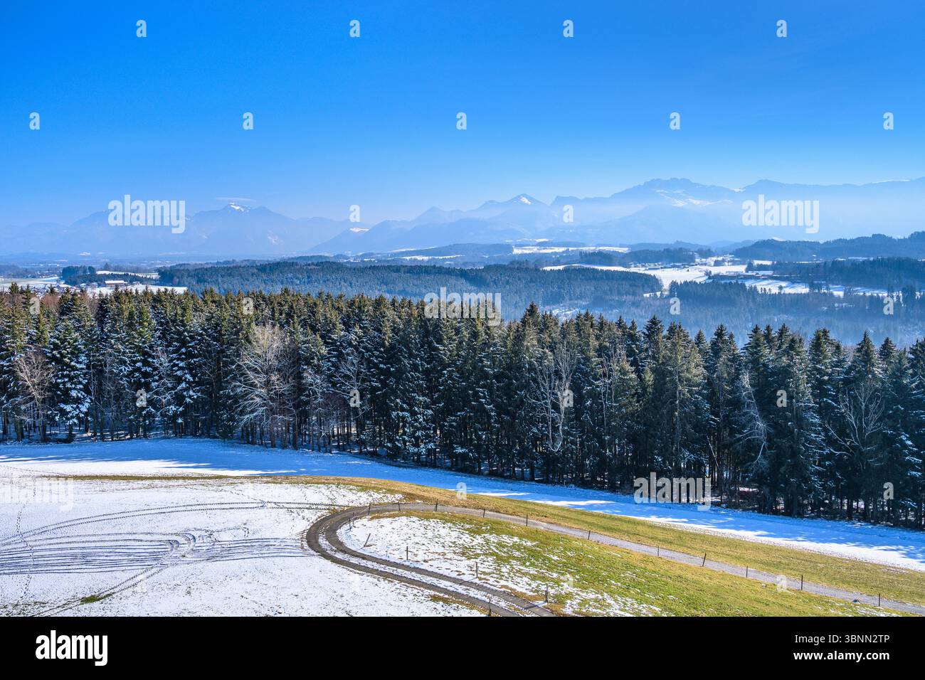 Germania, Baviera, Chiemgau, Rimsting, distretto Hitzing, Ratzinger Höhe, vista dalla torre di osservazione verso le Alpi Chiemgau Foto Stock